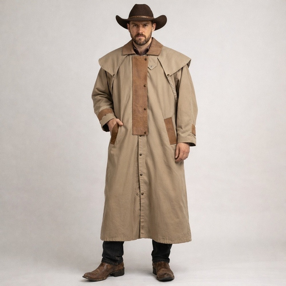 Vintage Diamond Denim & Leather Men's Duster Coat Medium Tan Rancher Cowboy Farm